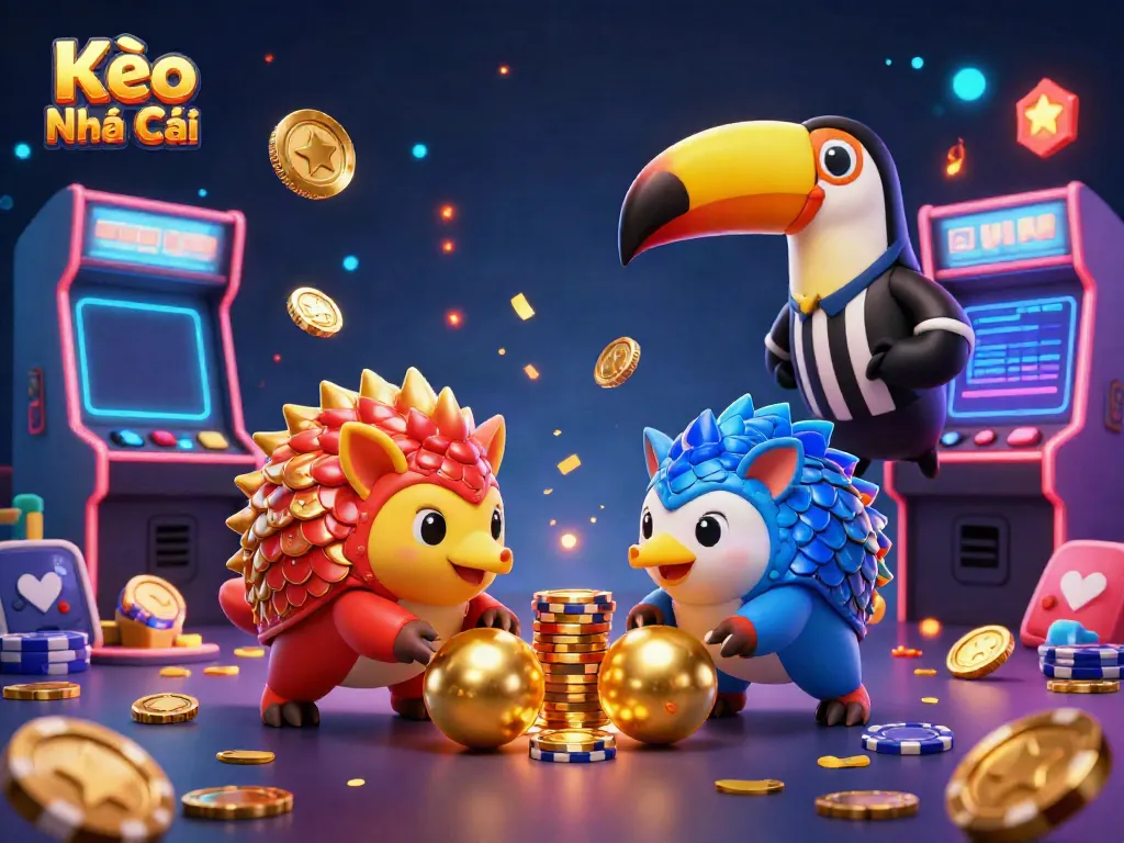Kèo Nhà Cái display showcasing a lively competition with pangolins rolling balls through poker chips in a vibrant casino scene.
