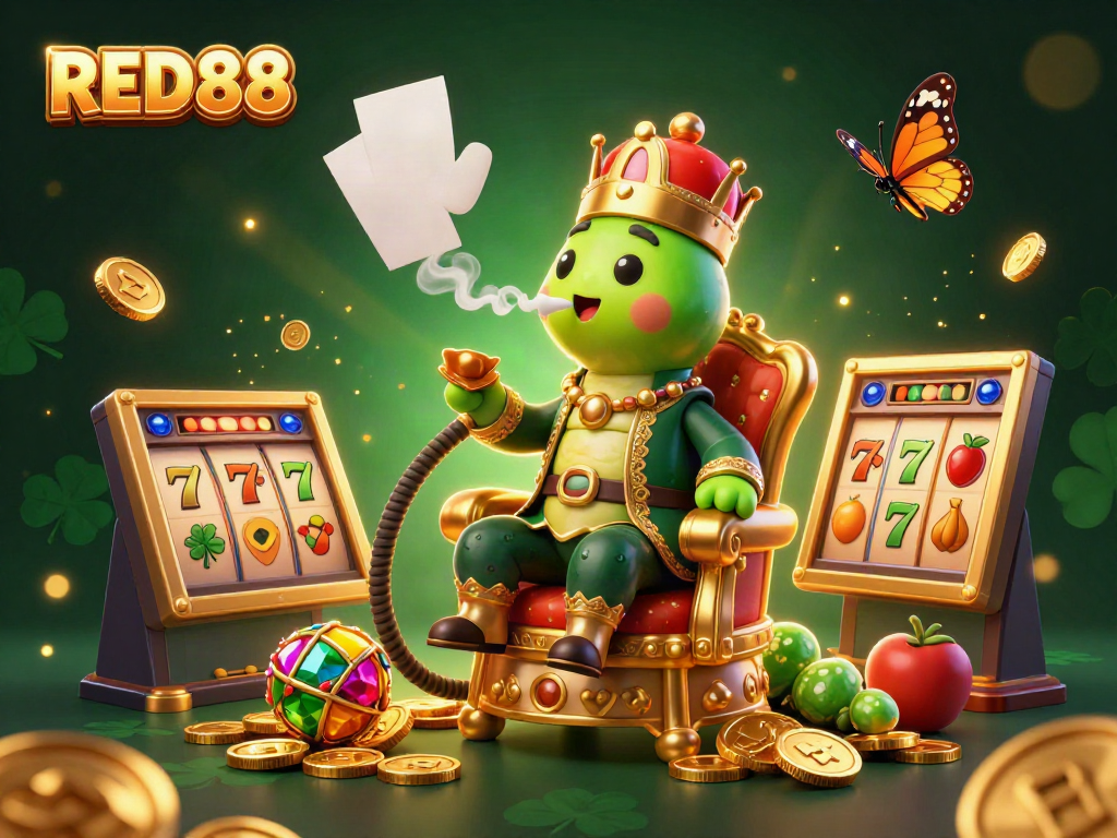 Experience high-stakes gaming with RED88 in a vibrant casino illustration showcasing thrilling slot reels and lucky symbols.