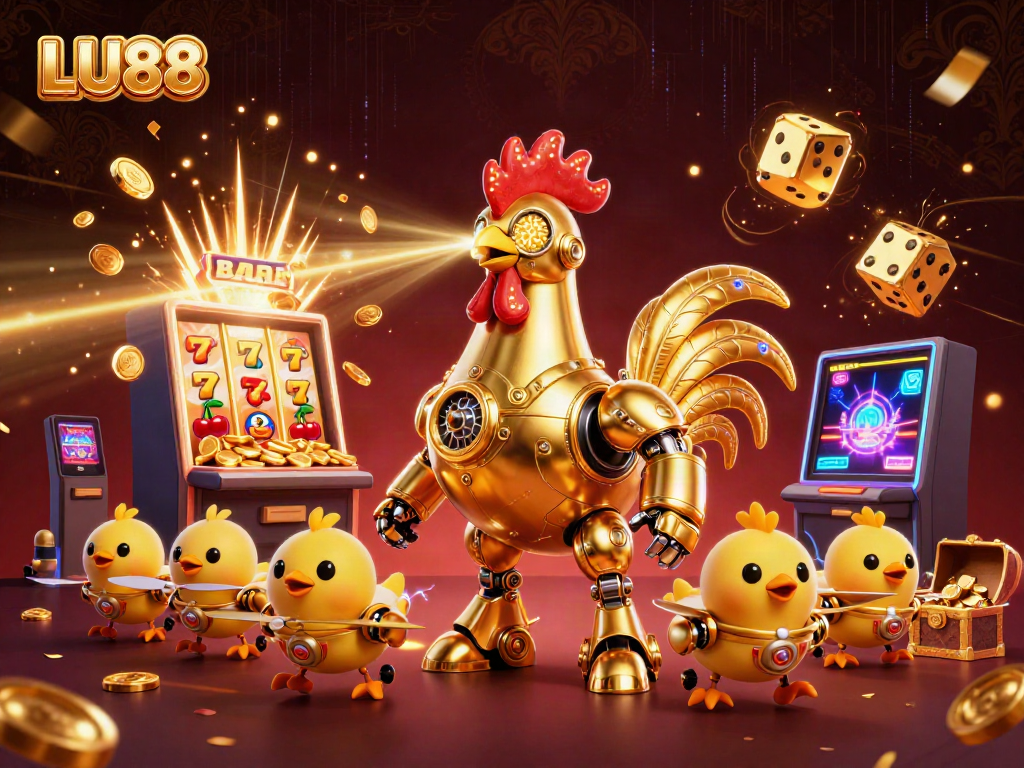 Engage with LU88's thrilling online casino adventures featuring a futuristic golden rooster robot.