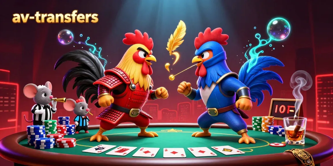 Engage with av-transfers as roosters battle it out at a lively poker table, showcasing vibrant game action.