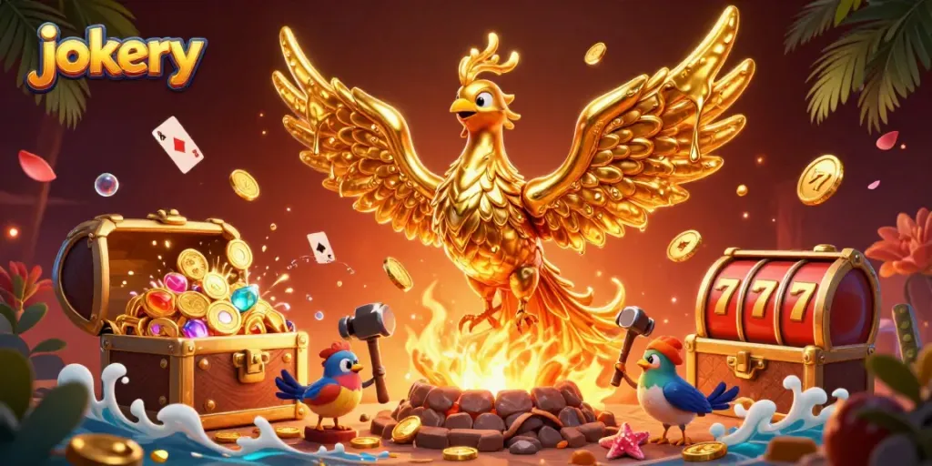 Embark on a winning journey at Jokery Casino with vibrant golden phoenix and exciting game elements.