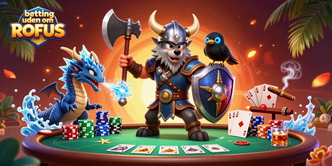 Experience thrilling betting uden om ROFUS with a Viking warrior and dragon amidst poker excitement.