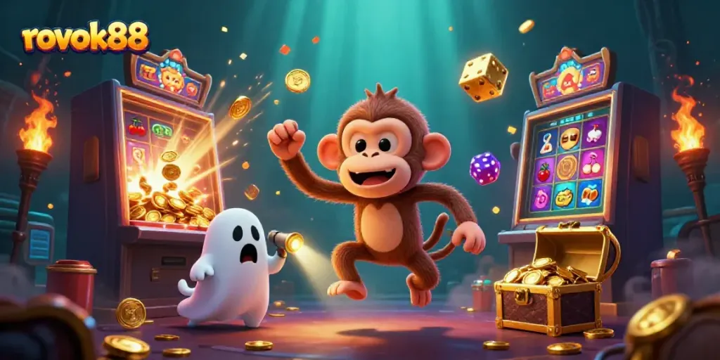Ilustrasi rokok88 menampilkan karakter kasino menarik dalam suasana menyeramkan dengan slot jackpot yang meledak.