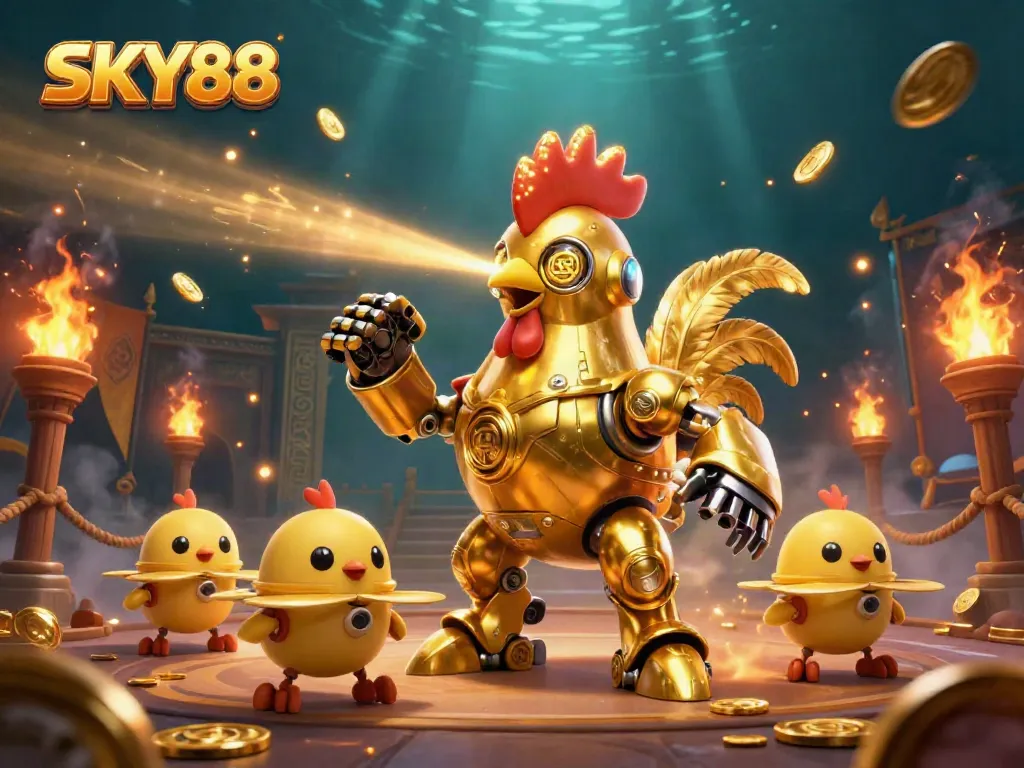 Experience SKY88's thrilling gambling scene with a golden rooster robot in action.