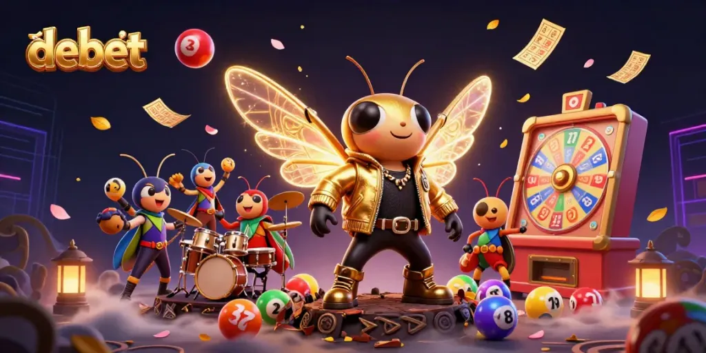 Engage with debet gaming excitement through a vibrant 3D illustration featuring lottery elements and lively characters.