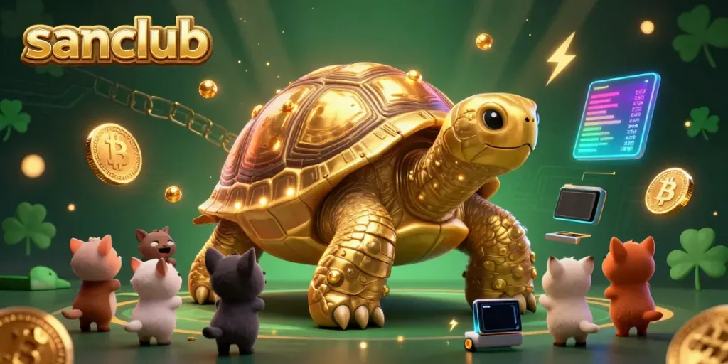 Engage in thrilling gameplay with sanclub's pinball machine tortoise, surrounded by vibrant crypto elements.