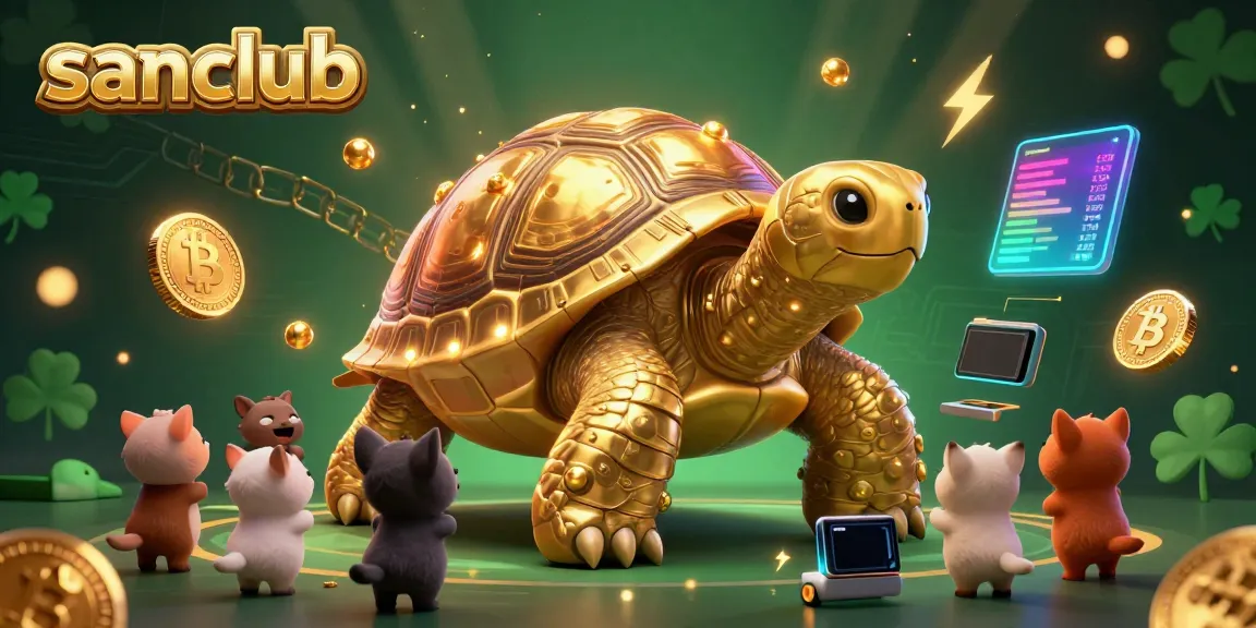 Engage in thrilling gameplay with sanclub's pinball machine tortoise, surrounded by vibrant crypto elements.