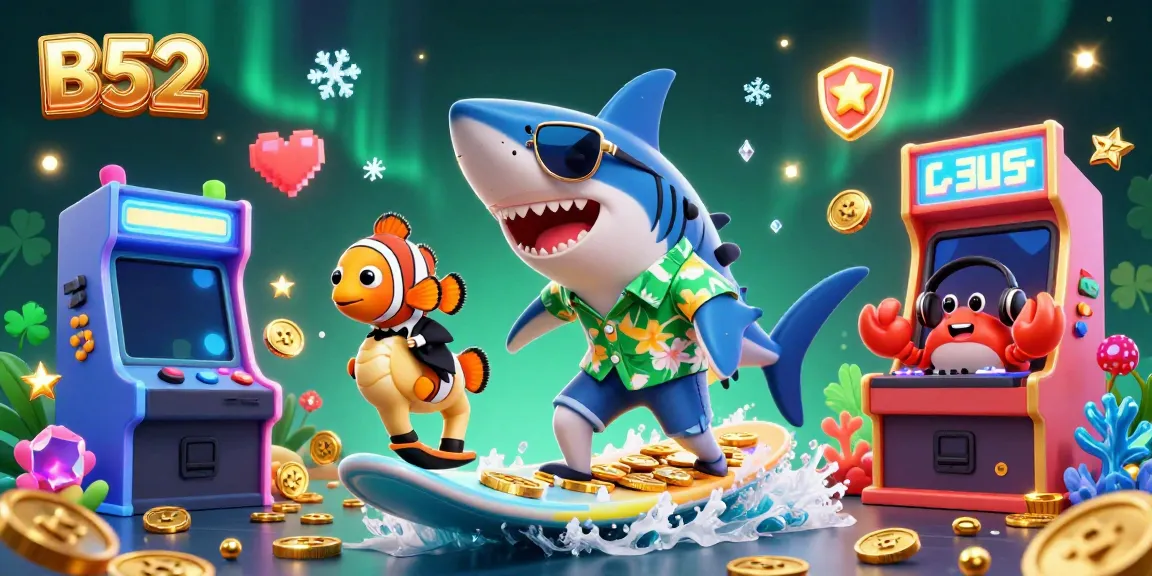 The B52 gaming experience with a shark surfing on gold coins amidst vibrant arcade machines.