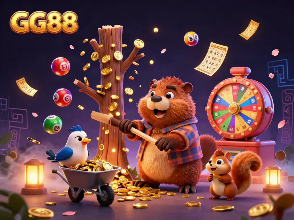Experience the excitement of GG88 with a dynamic 3D scene showcasing a beaver, bird, and squirrel amidst golden coins and lottery elements.