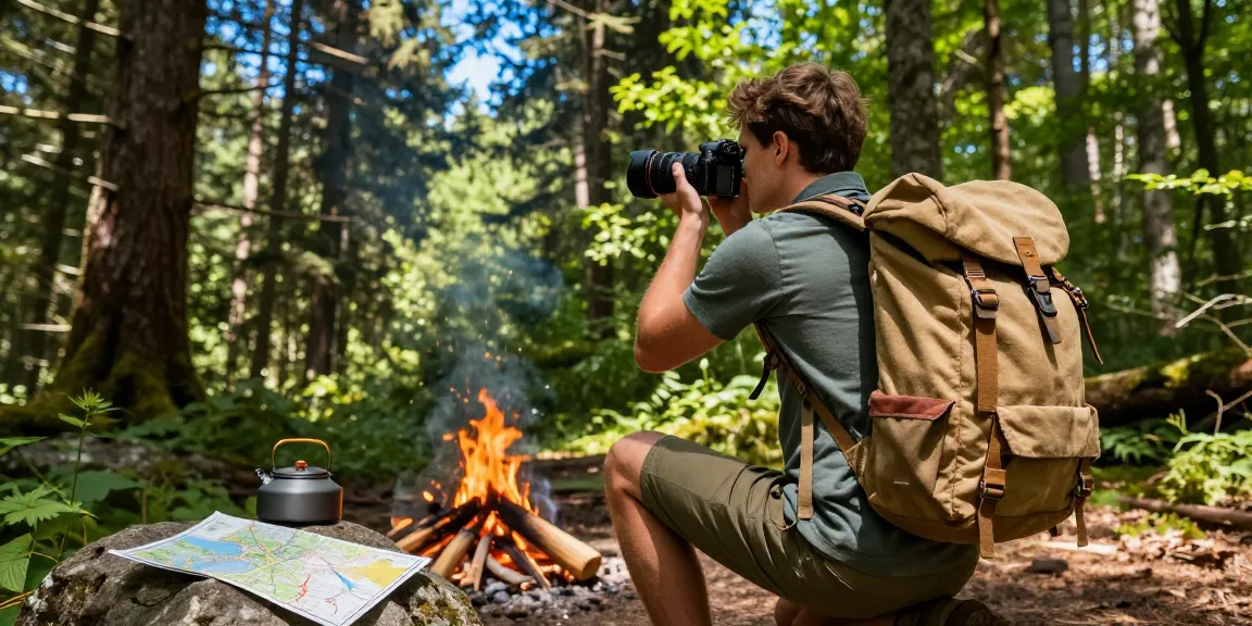 Junger Mann mit einem rucksack herren canvas beim Wandern in einem grünen Wald.