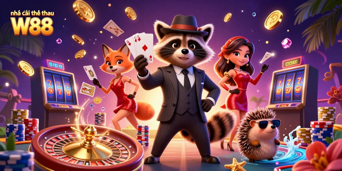 Experience the thrill of betting at Nhà cái thể thao W88 with an exciting 3D illustration featuring casino elements and characters.