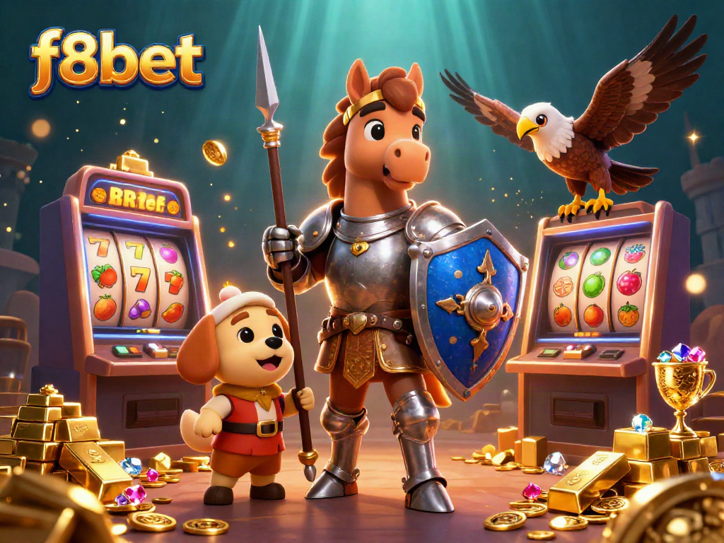 Experience the excitement of f8bet with colorful slot machines and gold treasures in a dynamic scene.
