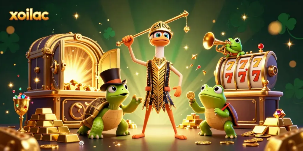 Join the excitement at xoilac casino with 3D characters enjoying games amidst gold treasures.