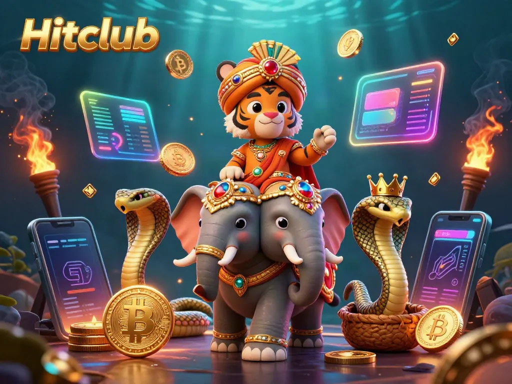 Experience the vibrant world of Hitclub with a maharaja tiger and elephant amid 3D casino elements.