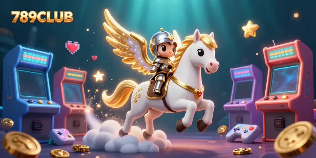 Join the excitement at 789CLUB with a celestial horse and knight amidst vibrant gaming elements.