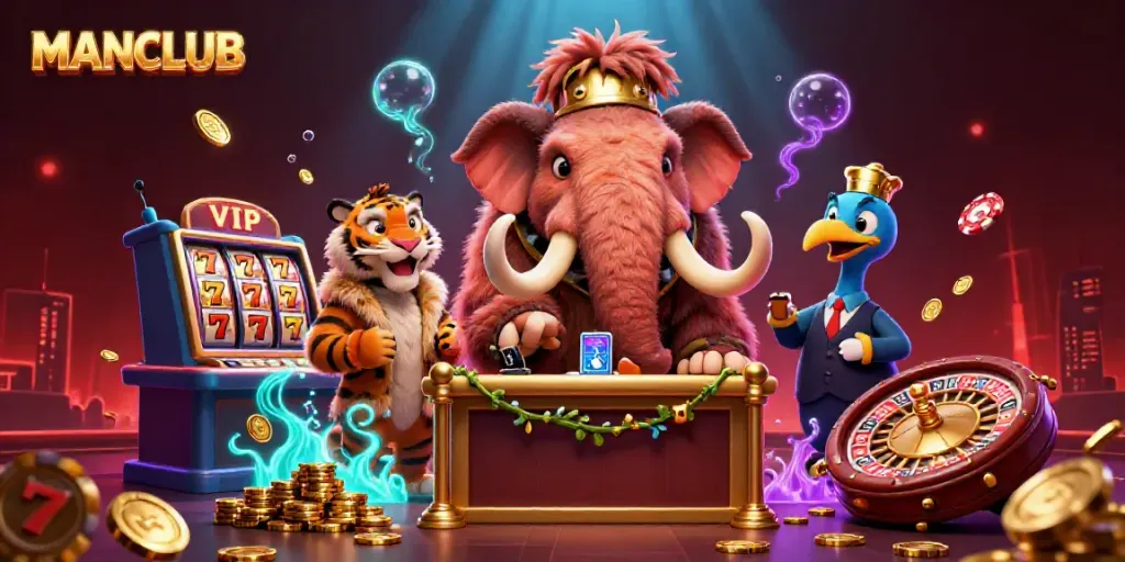 Experience the MANCLUB atmosphere with vibrant characters enjoying the thrill of winning at a lively casino.