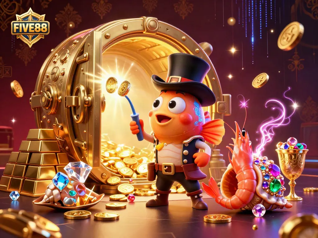 Experience winning at FIVE88 with vibrant 3D casino characters and rich treasure elements.