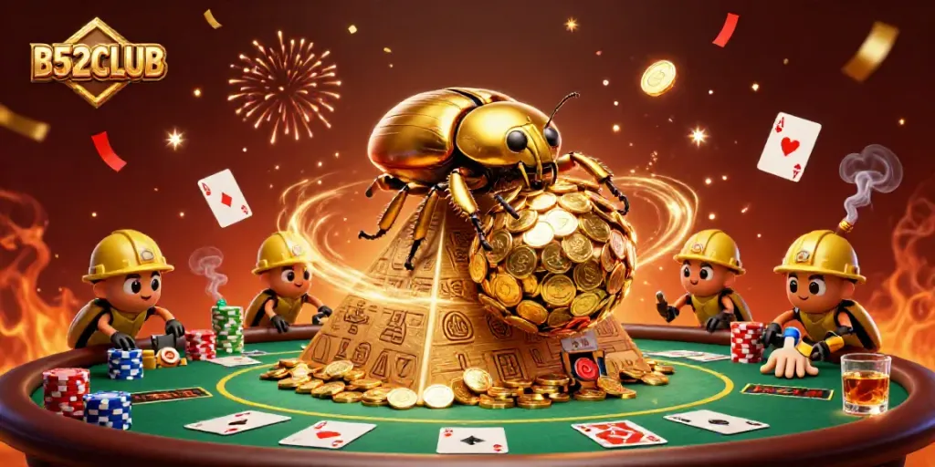 Engage with B52CLUB through a vibrant 3D casino-themed illustration showcasing gold coins, poker elements, and beetles