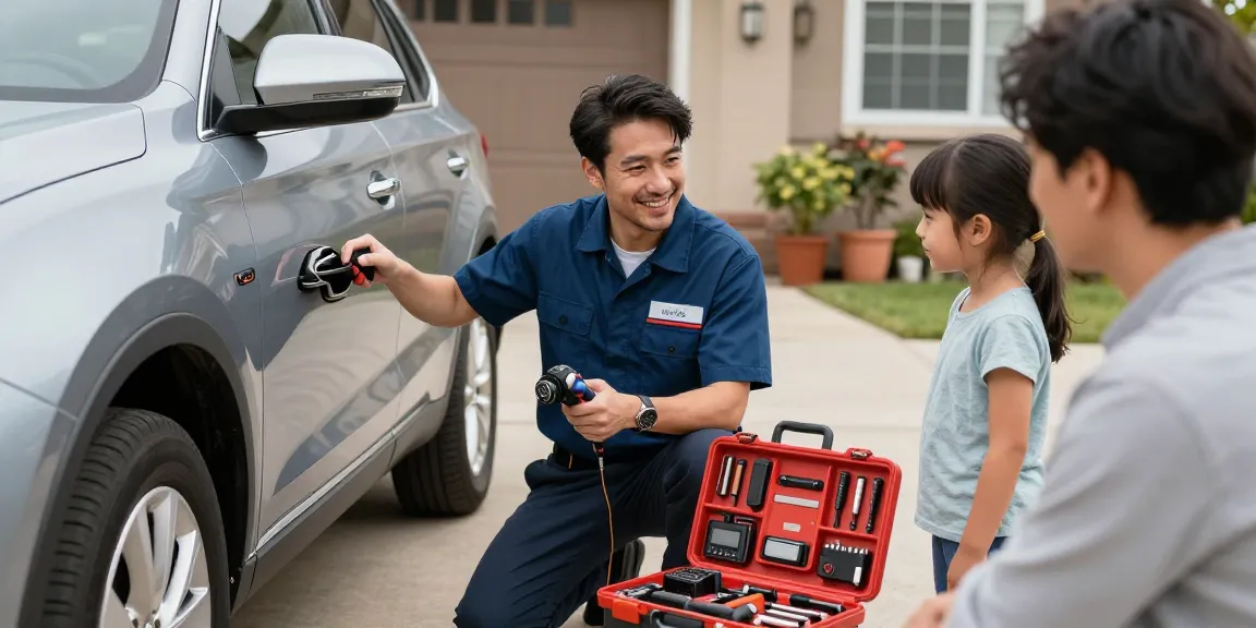 Automotive locksmith near me servicing a family car in a driveway.