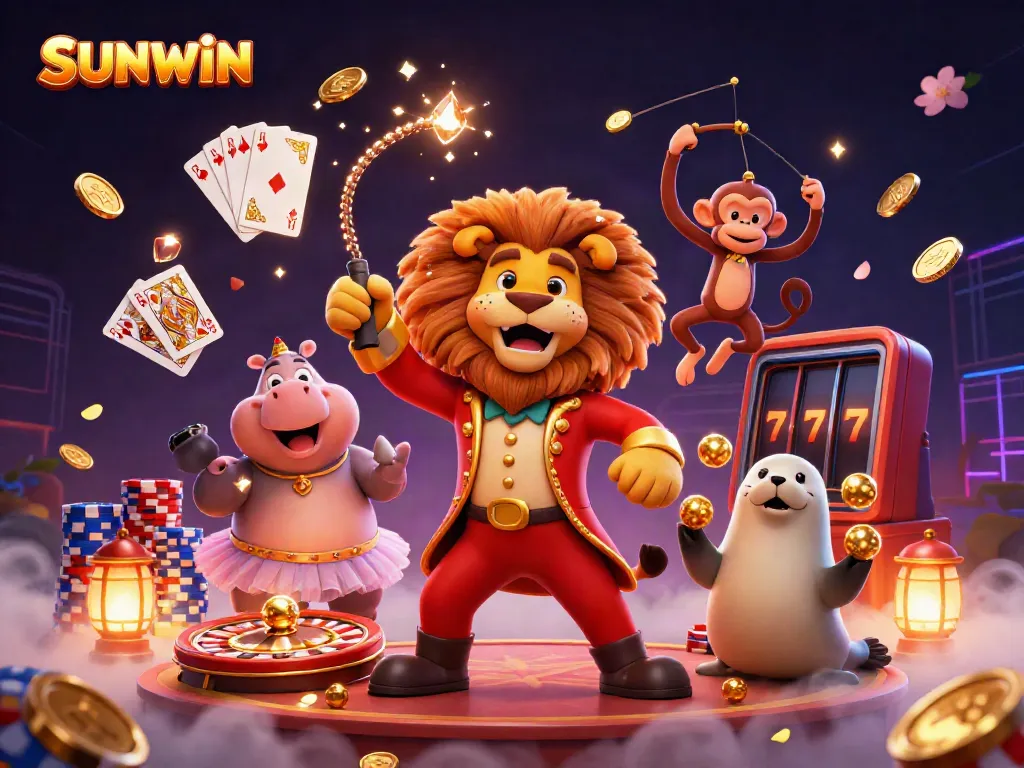Experience the thrill of SUNWIN with vibrant characters and dynamic game elements in an exciting casino scene.