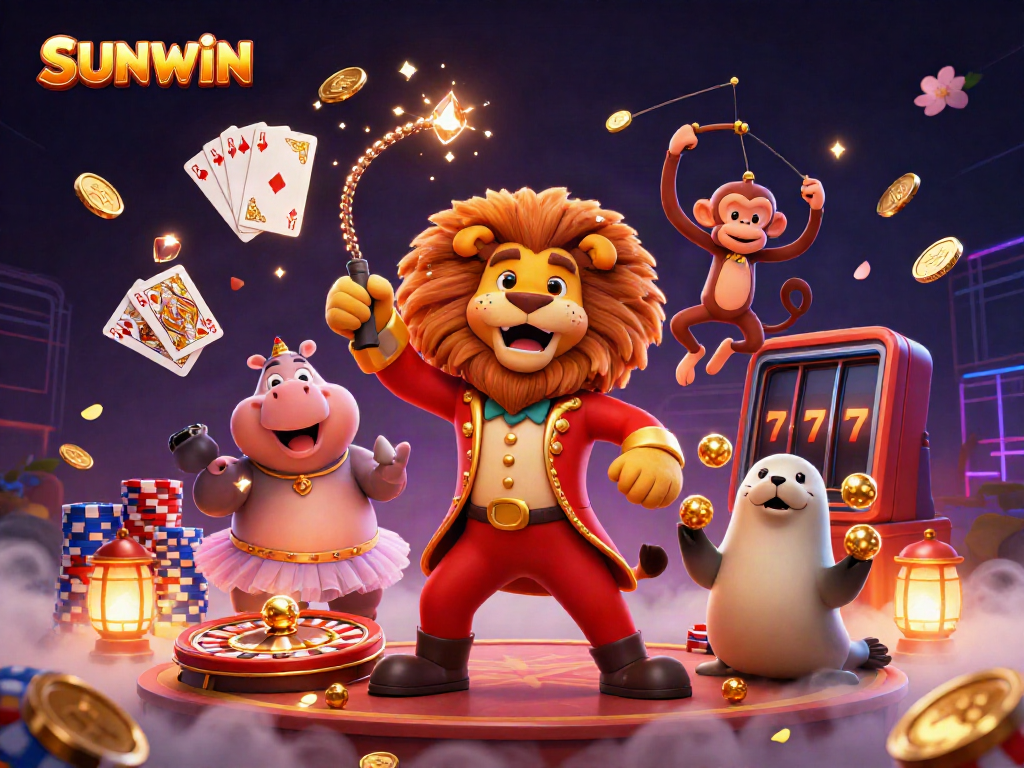 Experience the thrill of SUNWIN with vibrant characters and dynamic game elements in an exciting casino scene.
