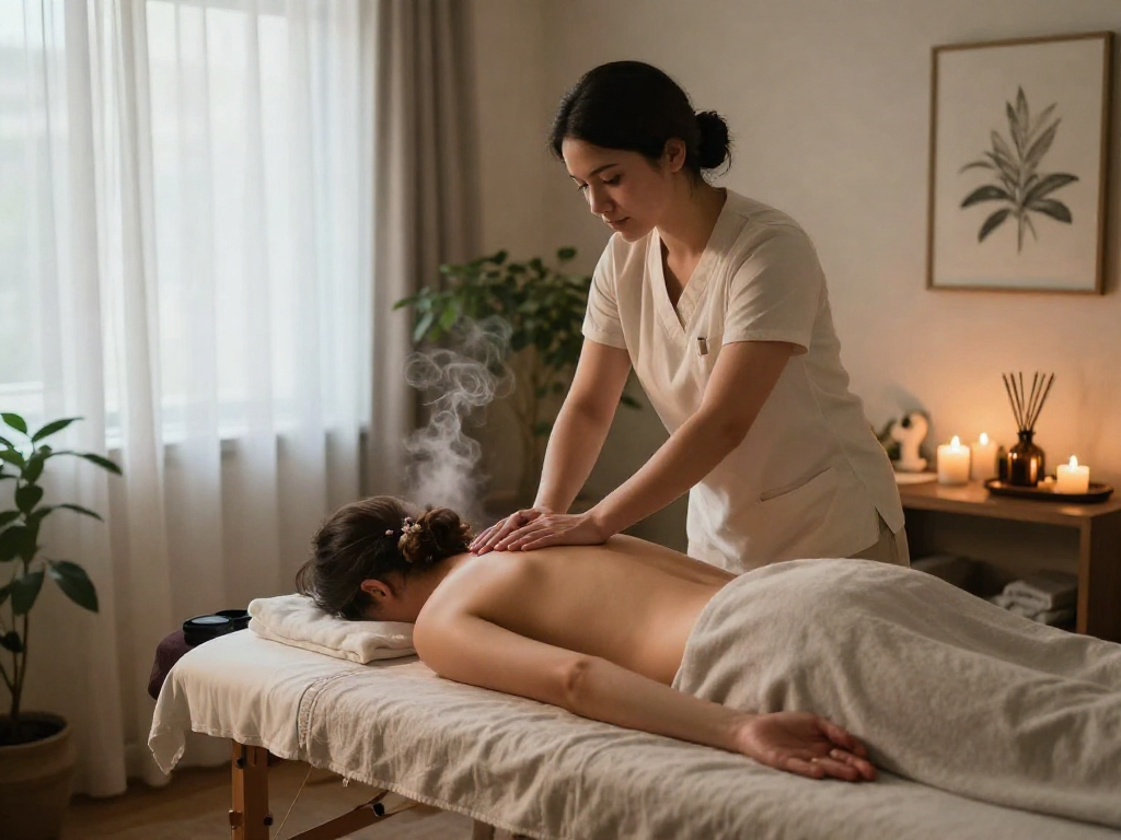Inviting 인천출장안마 massage session in tranquil wellness studio with calming atmosphere.