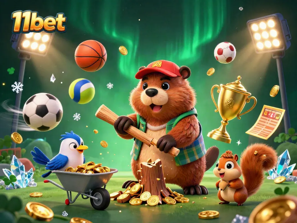 Experience the excitement of winning at 11bet as a cartoon beaver chops a tree raining gold coins in a vibrant casino world.