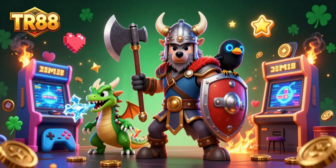 Experience thrilling gaming action with TR88, starring a Viking wolf, fierce dragon, and colorful casino elements.