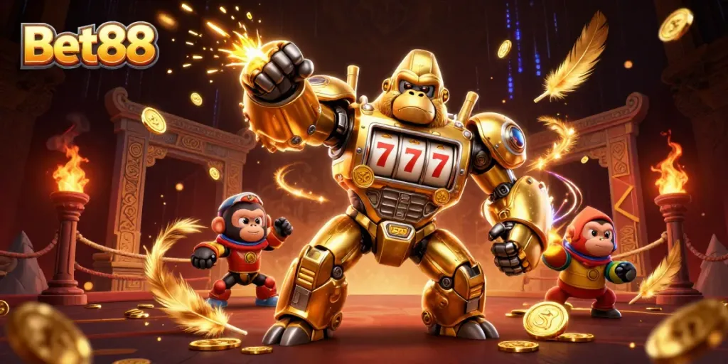 Experience the excitement at Bet88 with a dynamic gaming scene featuring a golden gorilla mech and slot machines.