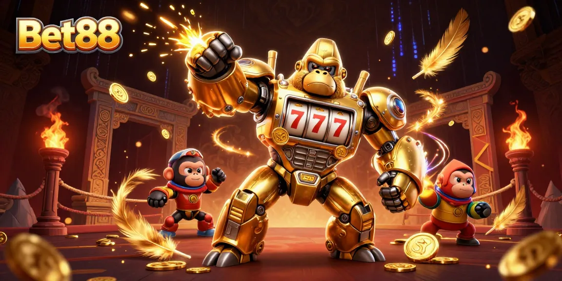 Experience the excitement at Bet88 with a dynamic gaming scene featuring a golden gorilla mech and slot machines.