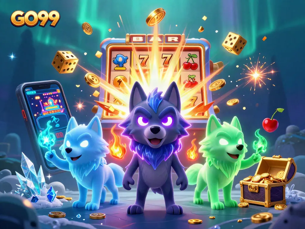 Experience thrilling action at GO99 with colorful slot machines and animated casino characters.