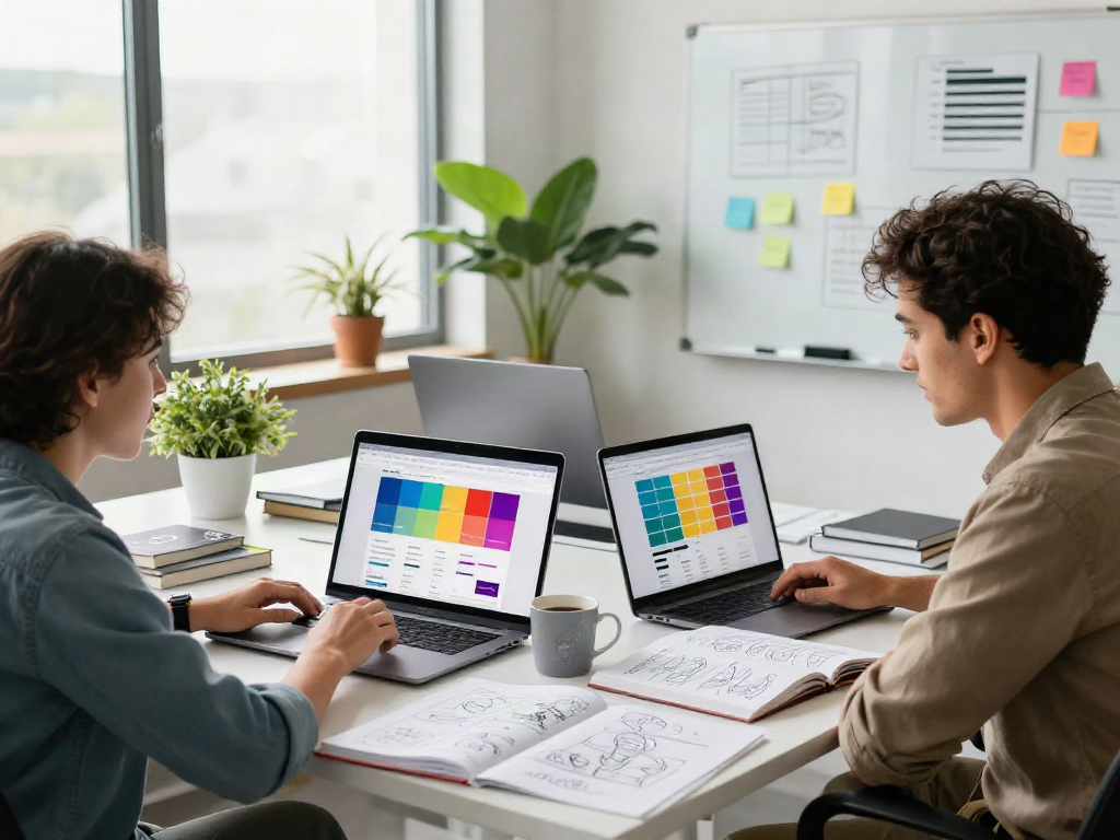 Sanumwebdesign kreative Zusammenarbeit in modernem Büro mit Design-Tools