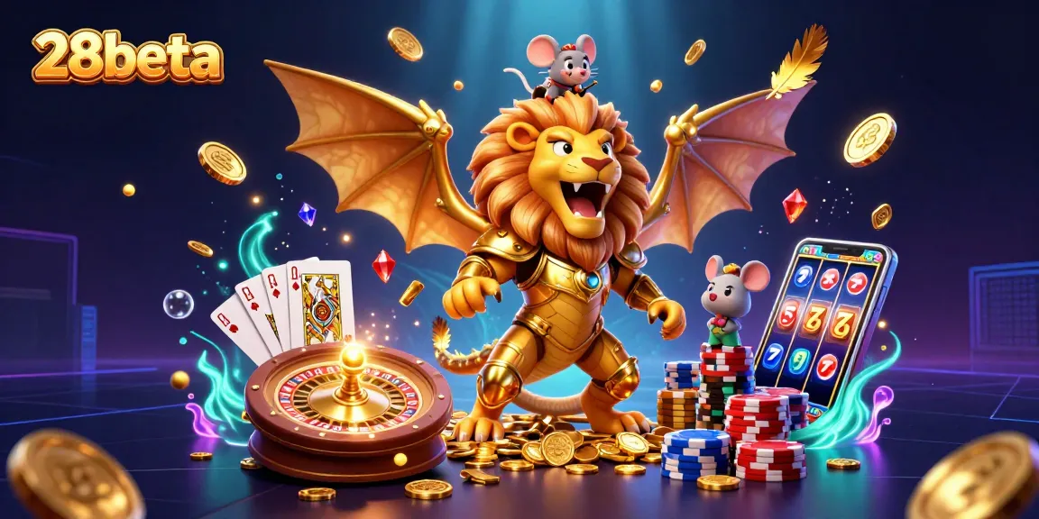 Experience the thrills of 28beta with a chimeric creature amidst casino treasures and action.