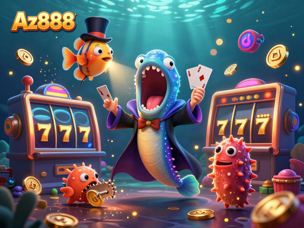 Join Az888's magical gaming adventure with a bioluminescent eel performing card tricks in a vibrant casino scene.