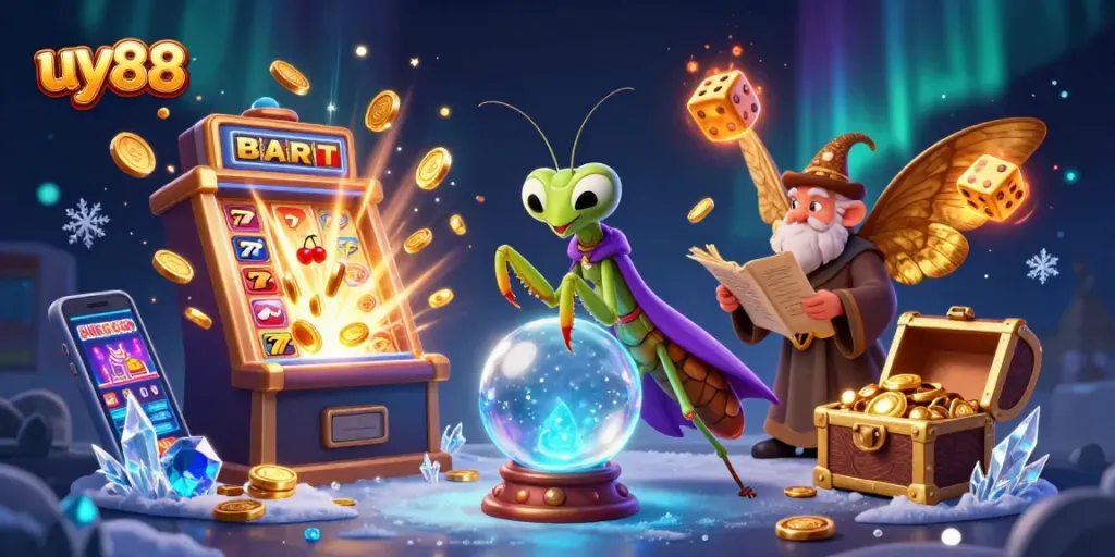 Spin to win with uy88's lively fortune teller scene filled with vibrant casino elements.