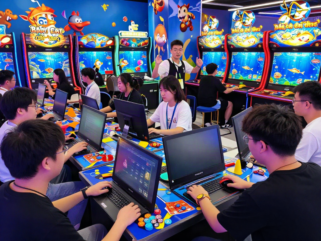 Enthusiasts engaging in the game lại là Bắn cá đổi thưởng in a vibrant arcade setting, surrounded by colorful lights and prize displays.