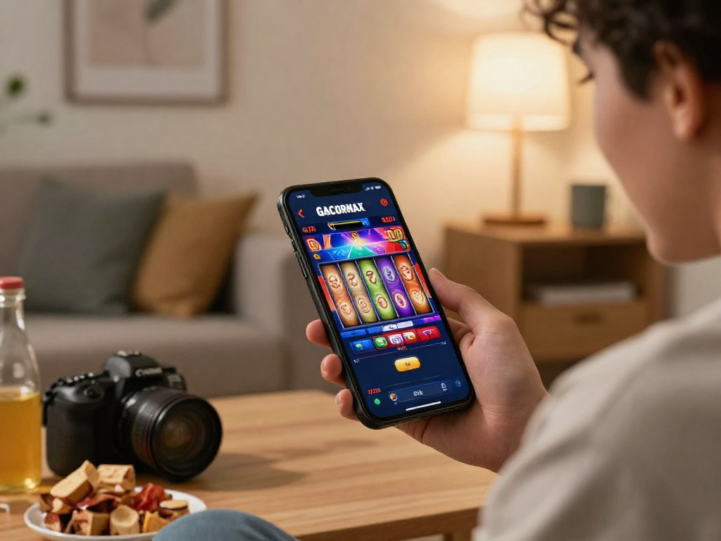 GACORMAX mobile app showing vibrant slot game interface in a cozy home setting