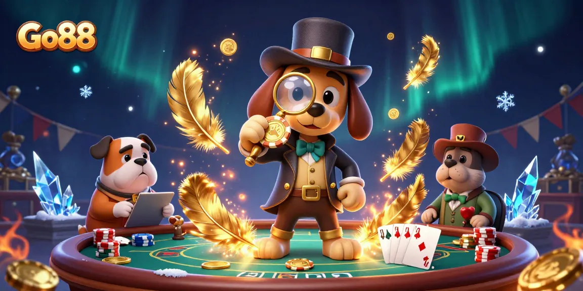 Go88 caricatures explore poker strategies with a golden chip clue in a vibrant casino scene.