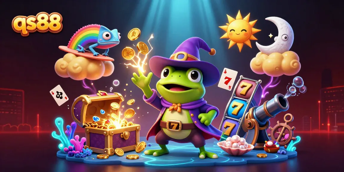 Experience the thrill of qs88 as the wizard frog conjures a storm of coins surrounded by vibrant gaming elements.