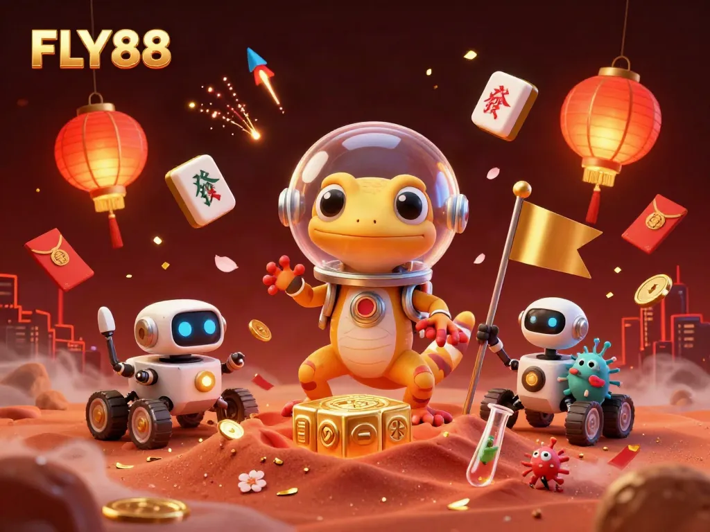 Experience FLY88 with a cartoon Martian gecko celebrating a casino discovery amidst vibrant festive elements.