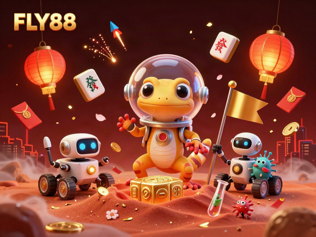Experience FLY88 with a cartoon Martian gecko celebrating a casino discovery amidst vibrant festive elements.