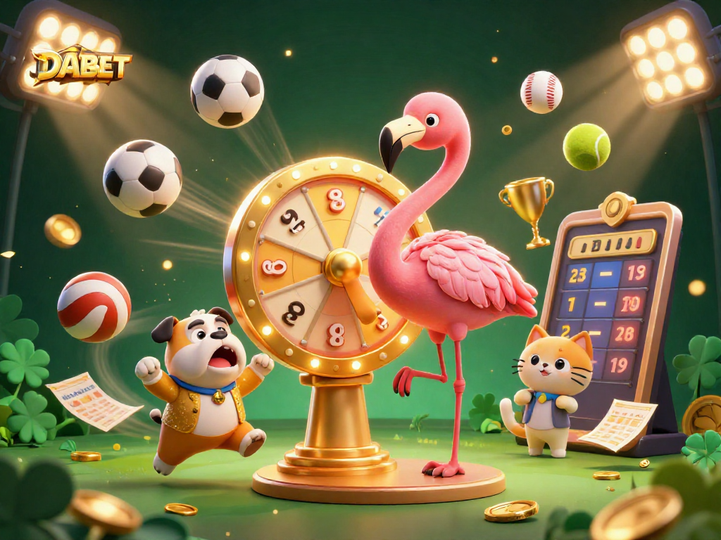 DABET showcases an exciting lottery prize scene with a flamingo game host, bulldog contestant, and scoreboard cat assistant