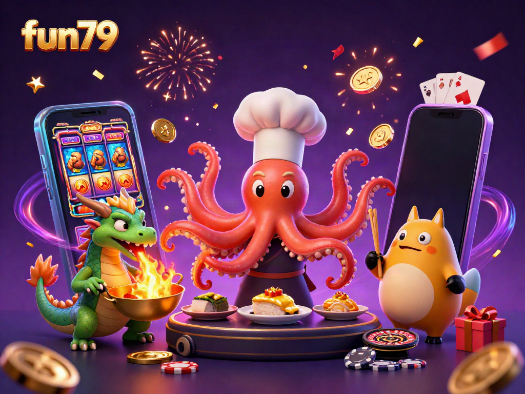 Join the fun79 adventure with a sushi chef octopus, a dragon, and a tanuki in a vibrant casino atmosphere.