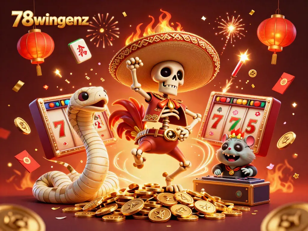 Join the excitement at 78wingenz with vibrant colors and characters celebrating their wins in the casino.