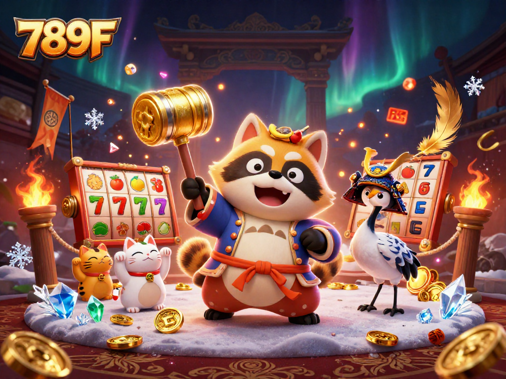 Experience thrilling gaming with 789F as joyful characters amidst vibrant slots and enchanting visuals.