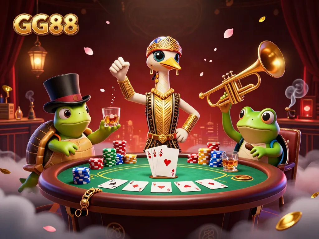 Engage in thrilling games at GG88 with vibrant casino characters, chips, and cards.