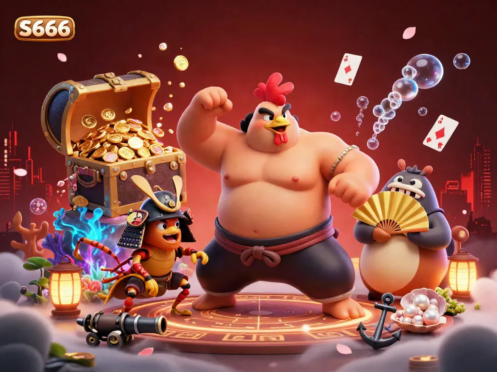 Engage with S666's thrilling underwater casino adventure featuring a powerful sumo rooster and samurai cricket.