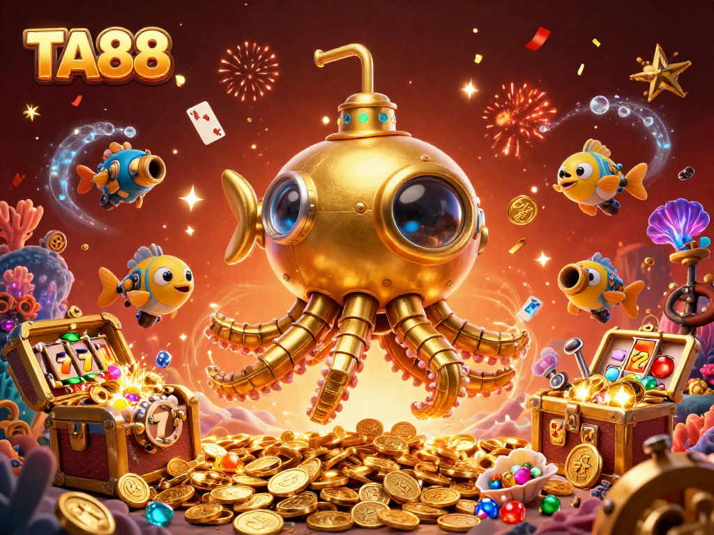 Engage with the vibrant TA88 scene featuring a golden kraken submarine amidst slot reels and treasure.
