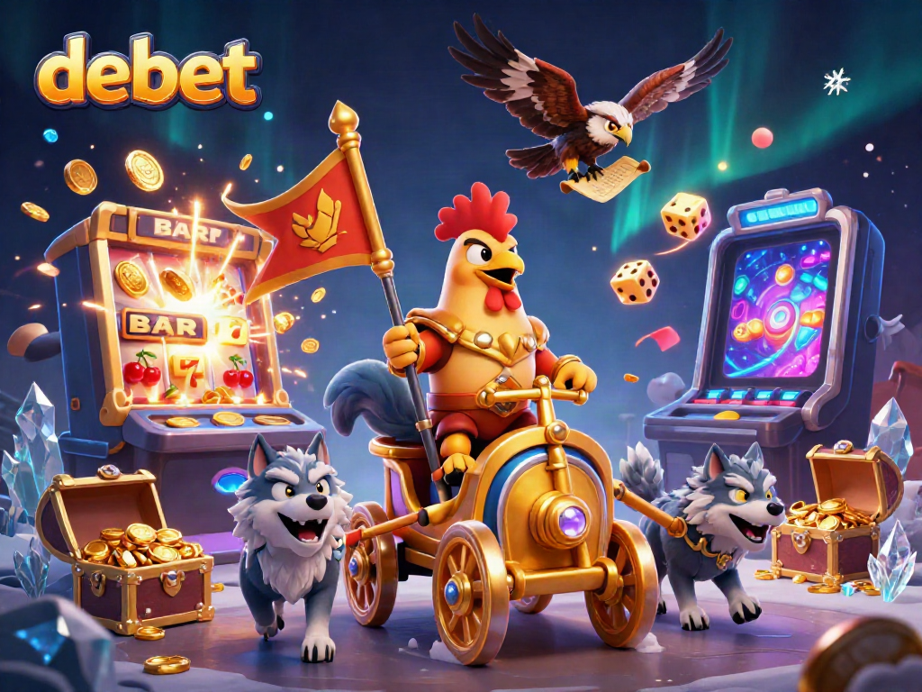 Experience the excitement of debet with a dynamic 3D scene showcasing a rooster warlord and gaming elements.