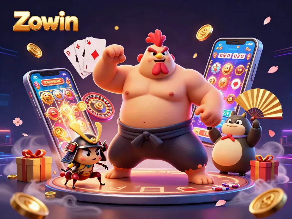 Zowin captivates players with a dynamic scene of a sumo wrestler rooster, fierce cricket, and tanuki announcer in a rich gaming atmosphere.